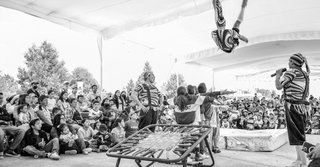 大人が安心して使える耐荷重100kgのトランポリンの使用風景。家族で使える大型モデルで、フレームが頑丈に設計されている様子。