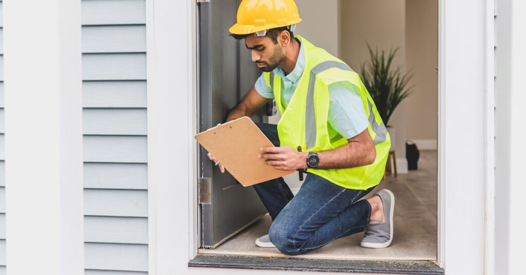 保育園でトランポリンの定期点検を行い、チェックリストに記録している様子