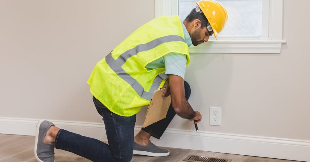 トランポリンラダーの設置安全確認と劣化チェックをしている親子のイメージ